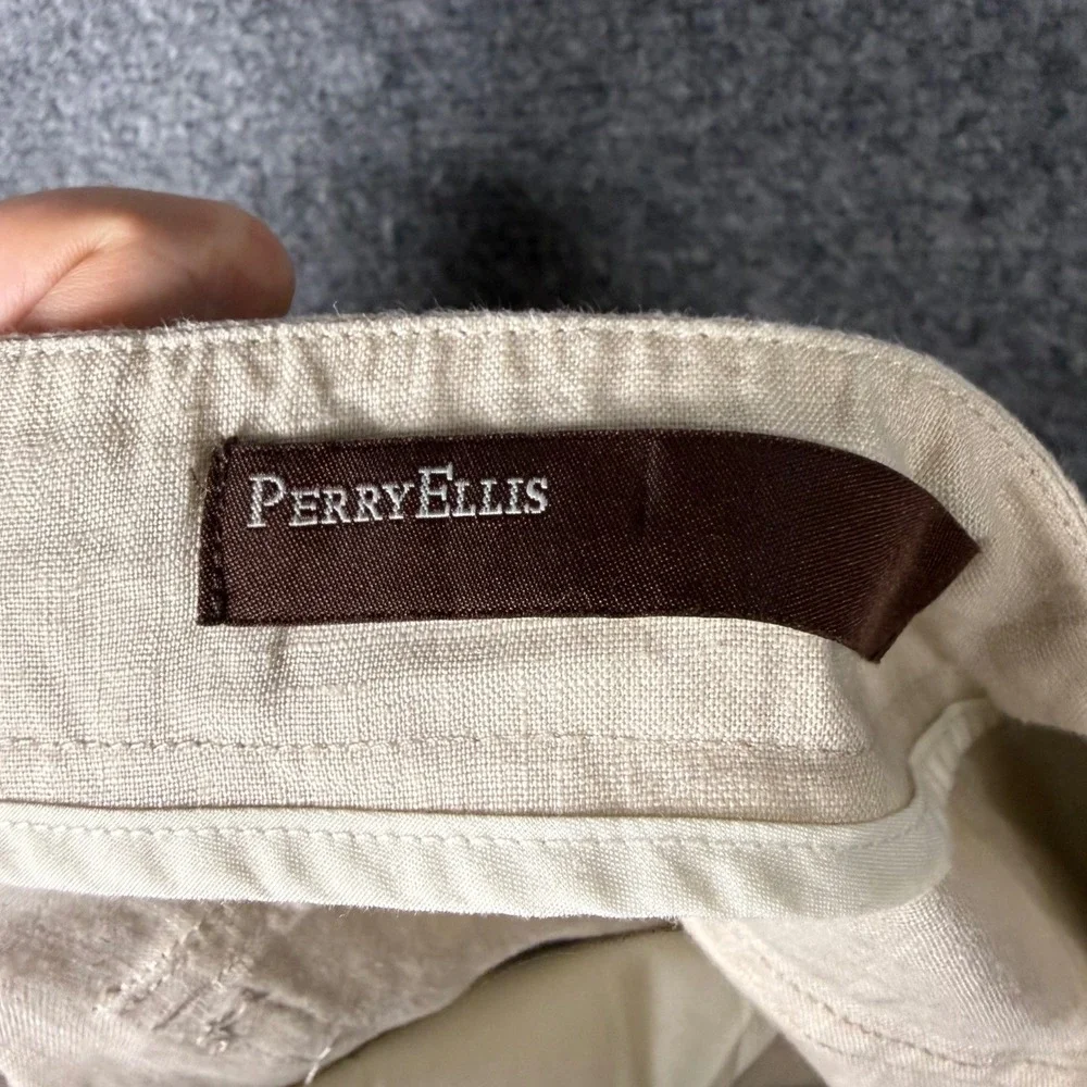 Perry Ellis Linen Drawstring Pants Men's 36x30 Beige 100% Linen Relaxed Fit